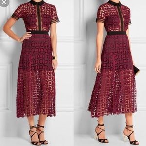 Self-Portrait Burgundy Lace Midi Dress with Black Trim